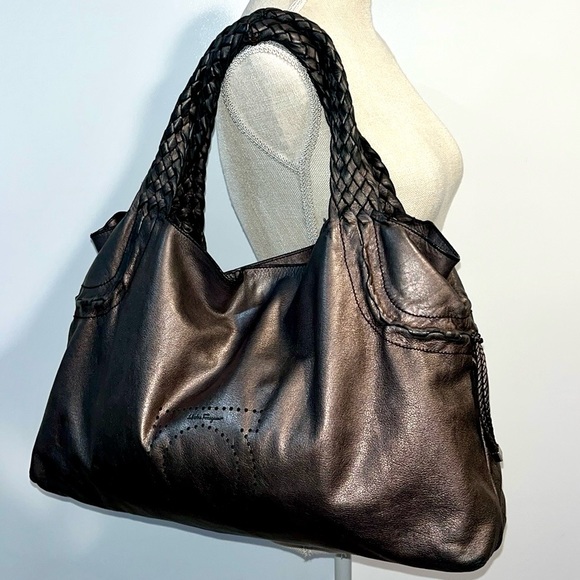 Salvatore Ferragamo Perforated Logo Metallic Bronze Ganchini Leather Tote Bag - Picture 4 of 17